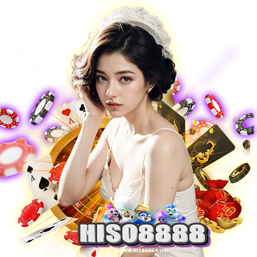 HISO8888 online casino promo – elegant model with casino chips, cards, and slot elements.